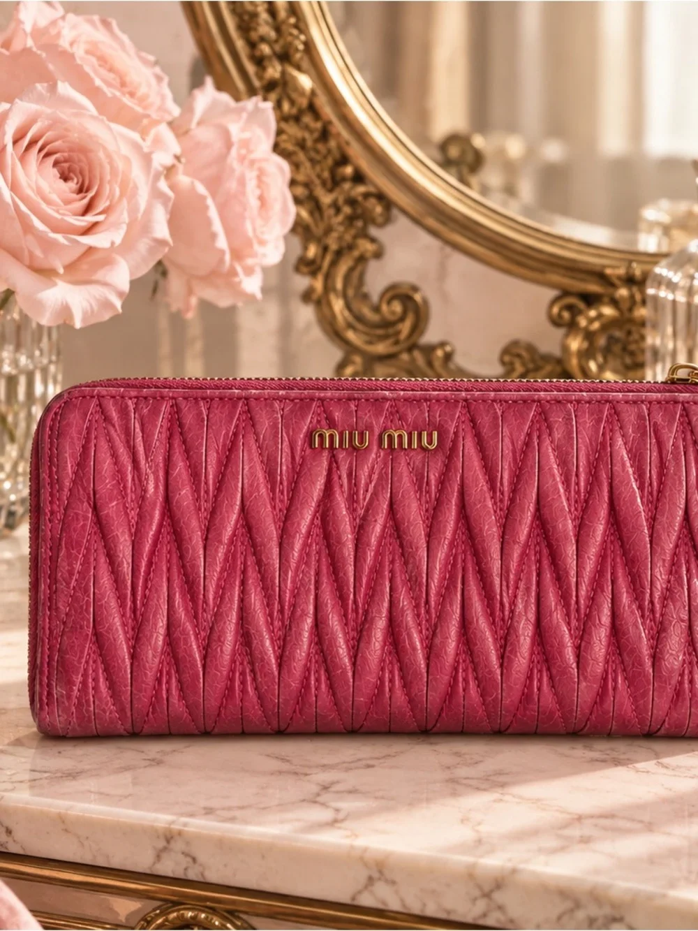 Miu Miu Matelassé Leather Zip Around Wallet – Berry Pink